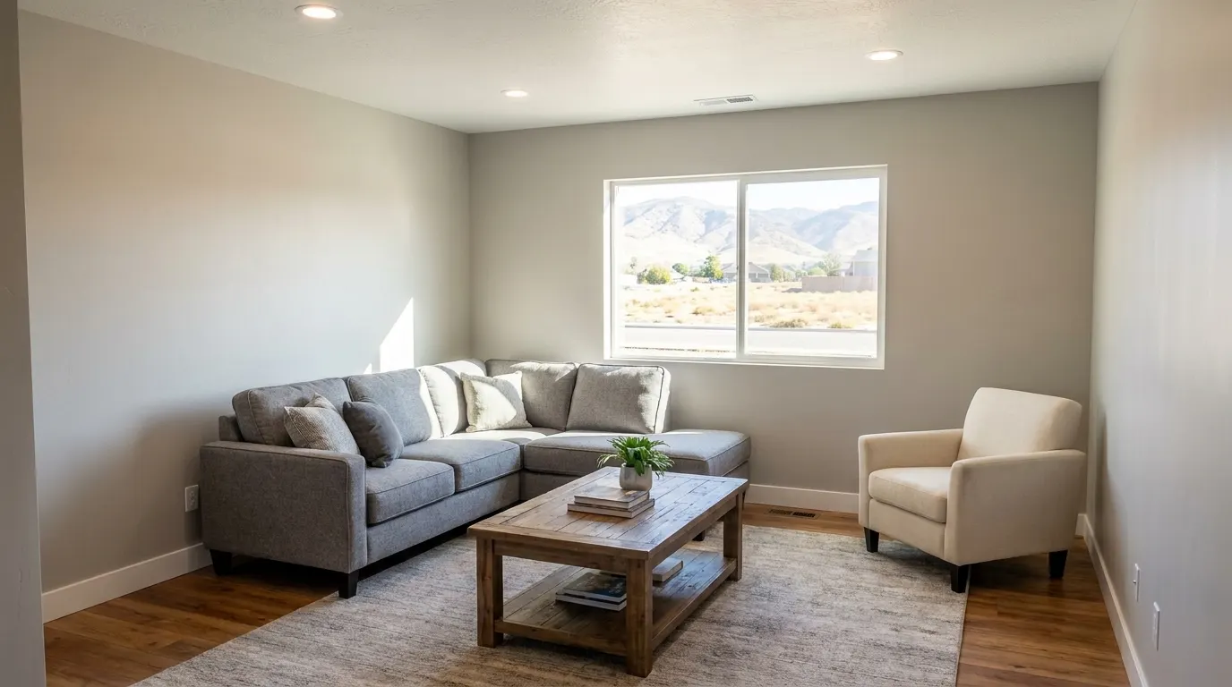 Same living room fully rebuilt and restored after fire damage