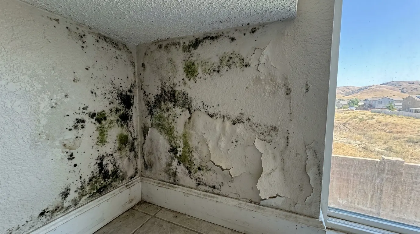 Bathroom wall with spreading mold before remediation