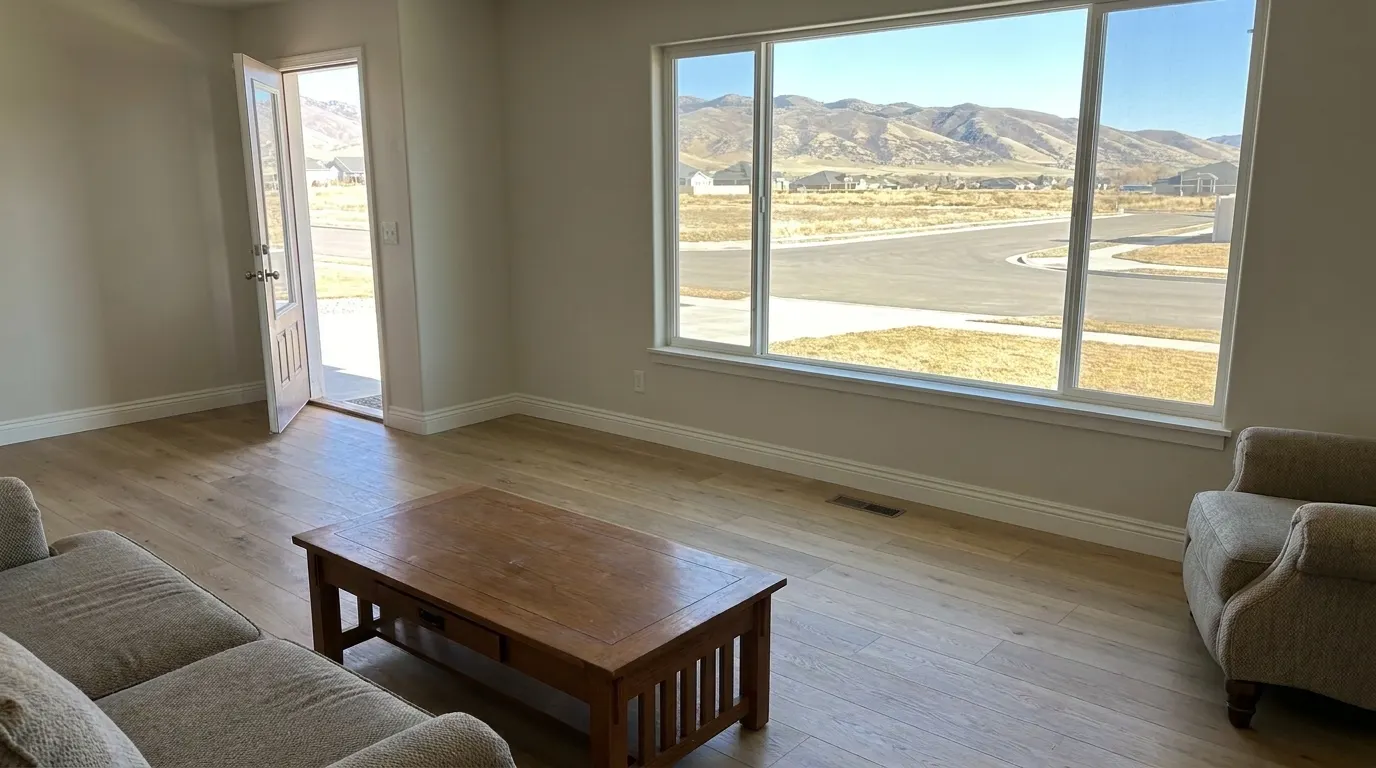 Same living room with new premium plank flooring and repaired walls after restoration