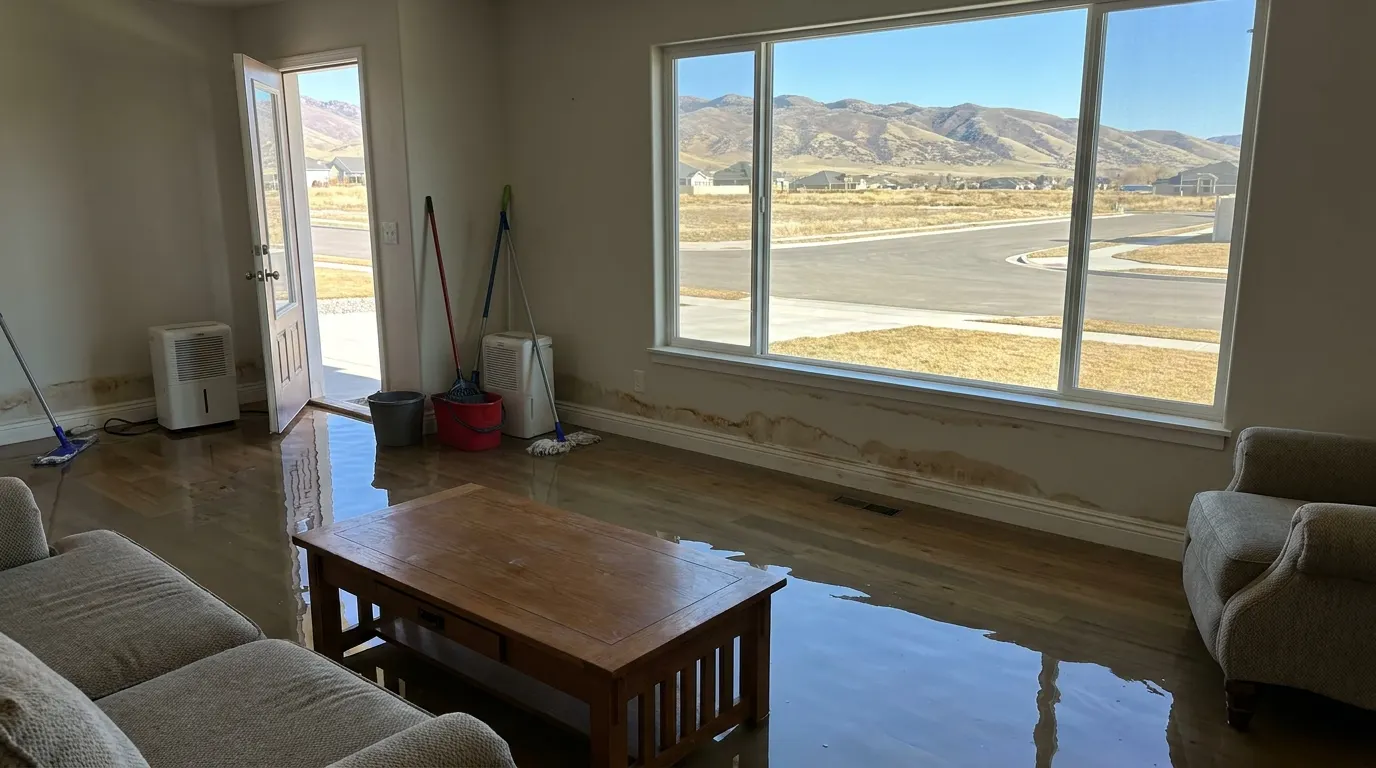Flooded living room with standing water before restoration
